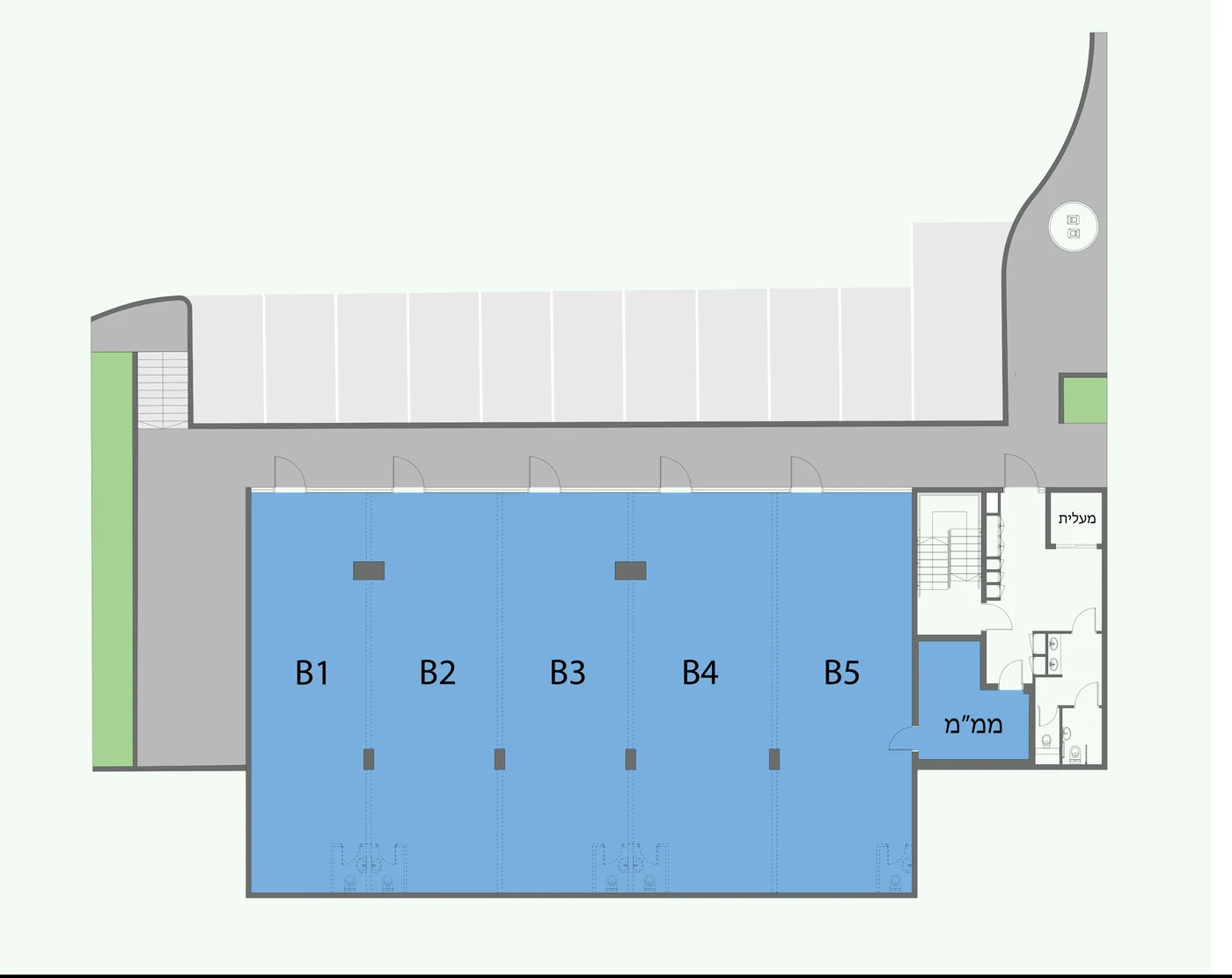 תוכנית קומת המסחר העליונה – יחידות מזון B1 עד B5